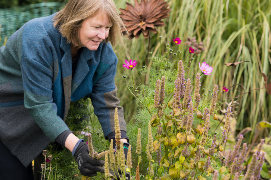 Woman tending to plants in a garden with flowers and foliage.