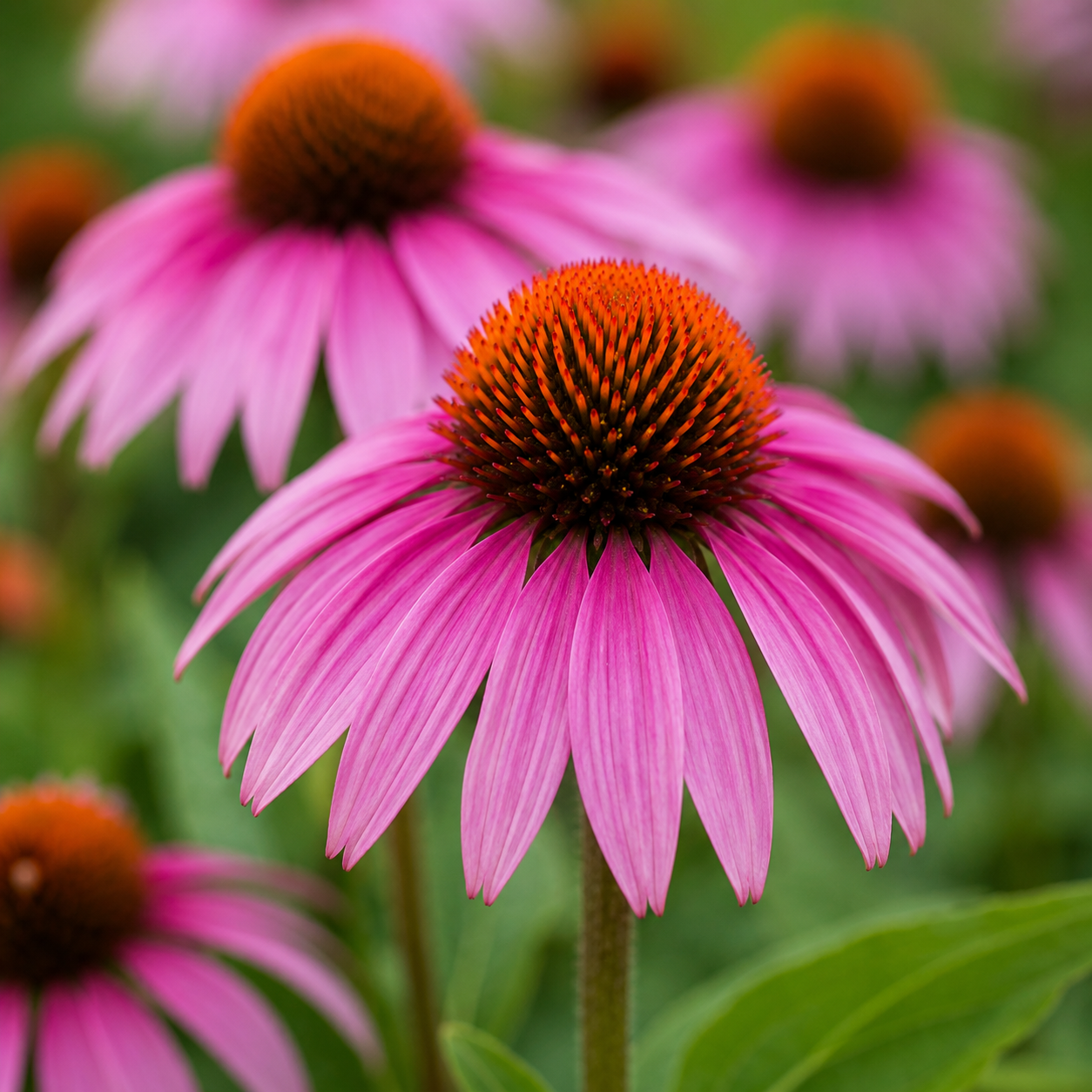 A close-up of an echinacea with a bright orange-brown centre, surrounded by blurred pink flowers and green foliage.